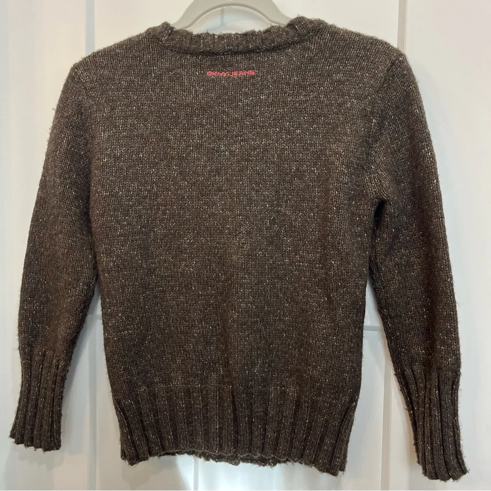 DKNY Floral‎ Embellishment Cardigan Sweater Brown Size Small 3/4 Length Sleeve